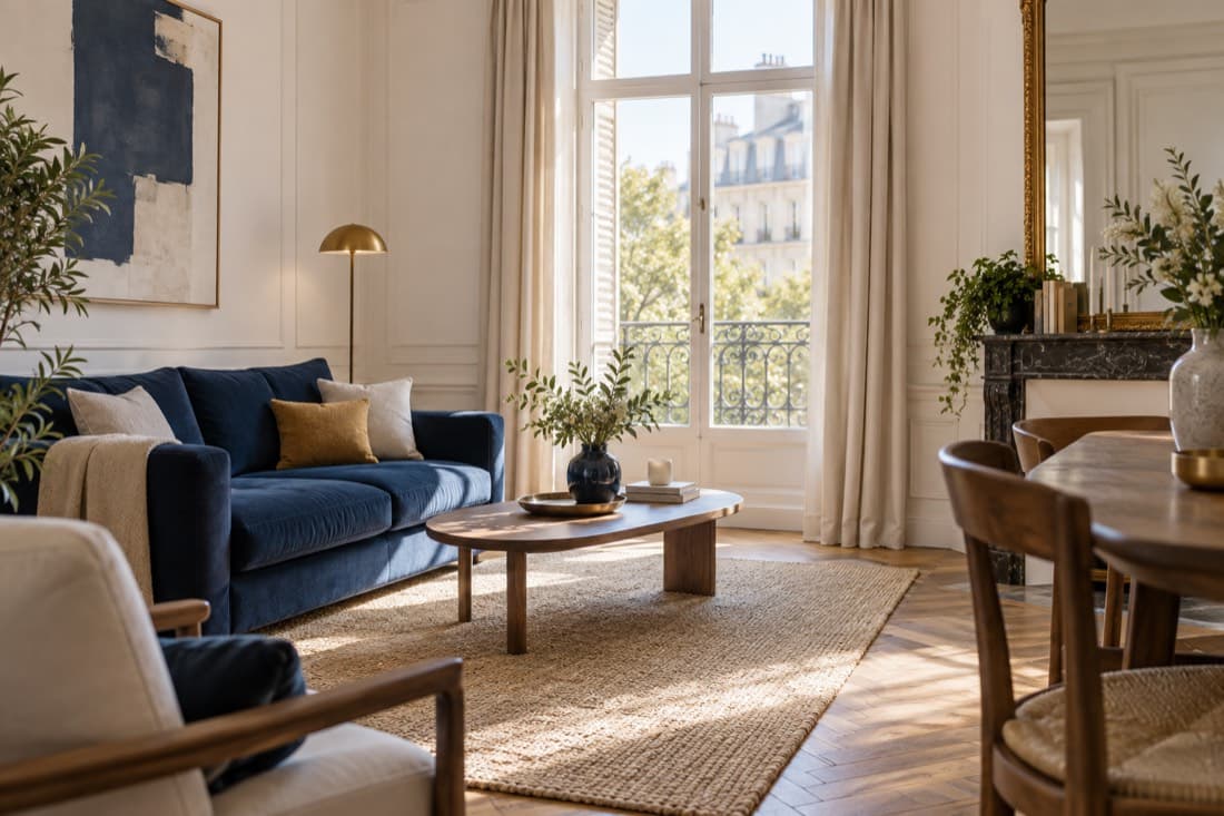 Un salon lumineux ouvert sur l’extérieur